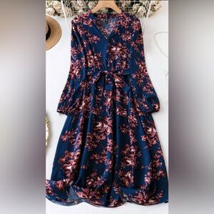 SHEIN Floral Long Sleeve Dress in Blue and Pink